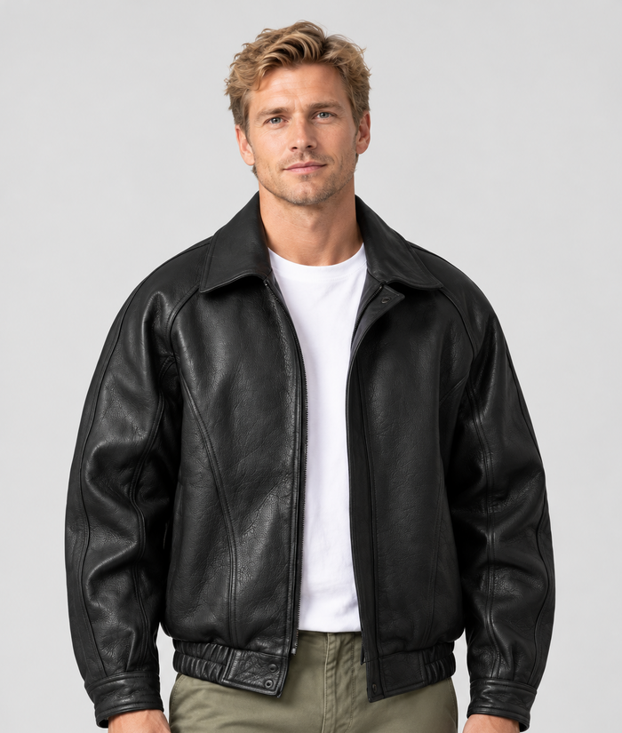 Men's Leather-Look Flight Jacket – Black Collared Bomber