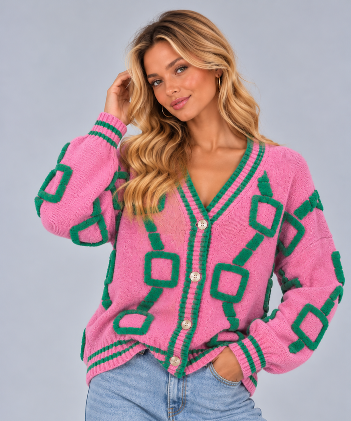 Women's Geometric Knit Cardigan – V Neck Button Front