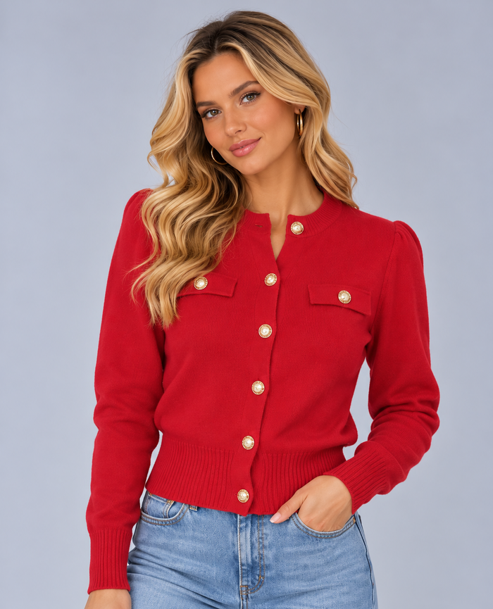 Women's Cropped Ribbed Cardigan – Gold Button Knit