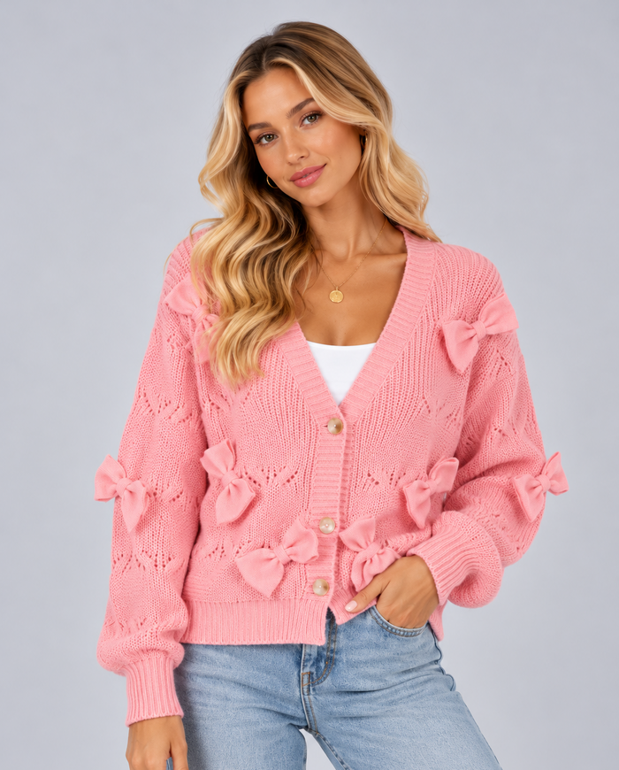 Women's Bow Detail Cropped Cardigan – Textured V Neck