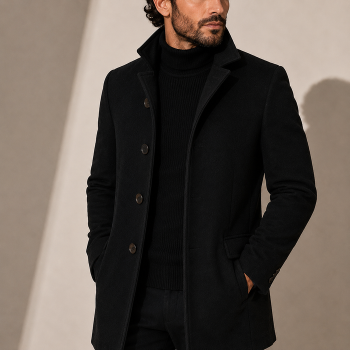 Men's Tailored Stand Collar Overcoat in Black