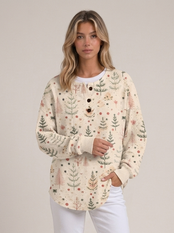 Women's Christmas Tree Sweater – Ribbed Knit Button-Neck Jumper – Covert Club product image 1