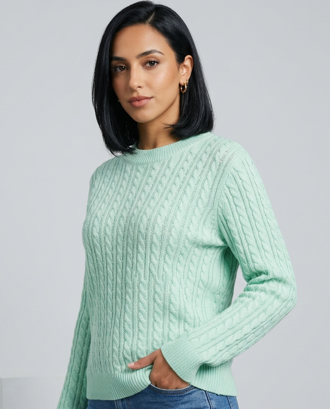 Women's Cable Knit Round Neck Jumper in Light Green – three-quarter view