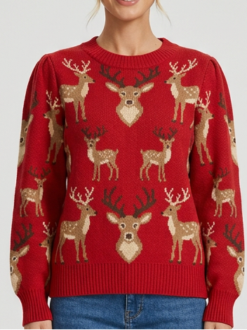 Women's Deer Jacquard Christmas Jumper in Red – front view