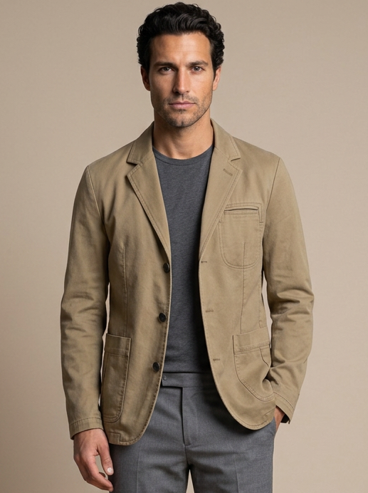 Men's Washed Denim Blazer in Khaki – front view