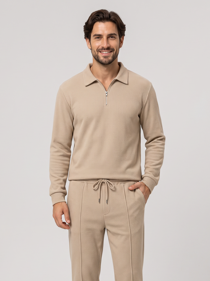 Men's Quarter Zip Polo Co Ord Set in Beige