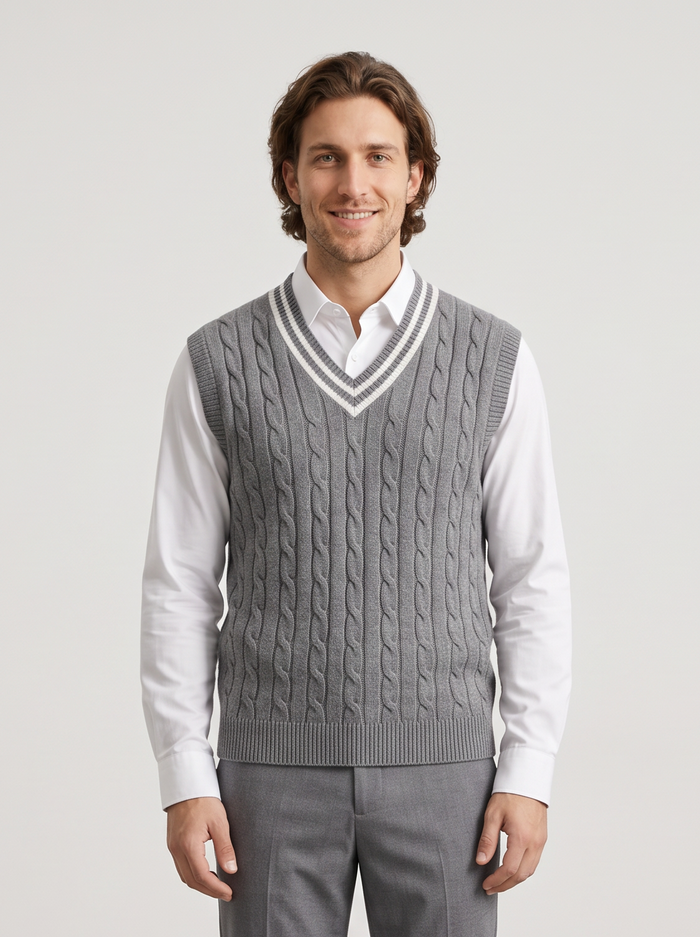 Men's Cable Knit Sweater Vest in Grey