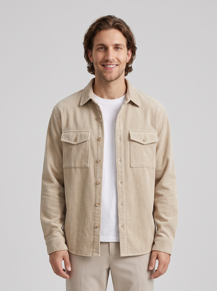 Men's Corduroy Button Up Shirt in Beige