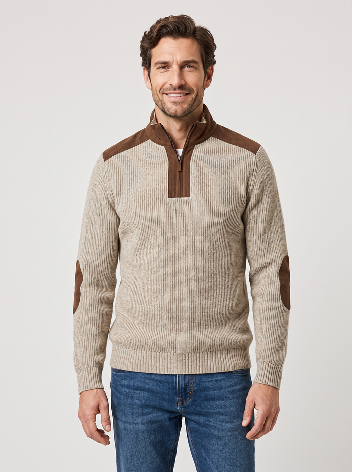 Men's Ribbed Quarter Zip Jumper – Contrast Elbow Patches