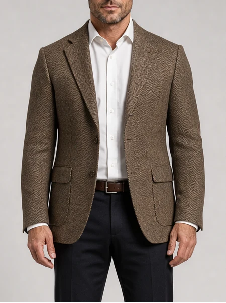 Men's Brown Herringbone Blazer – Wool Blend Tweed Jacket