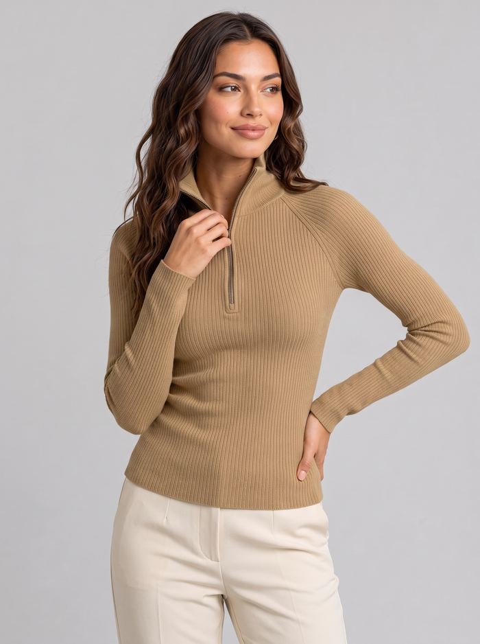 Women's Ribbed Roll Neck Top – Zip Collar Long Sleeve
