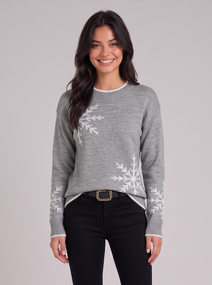 Women's Snowflake Knit Sweater – Grey Festive Crew Neck Jumper – Covert Club product image 1