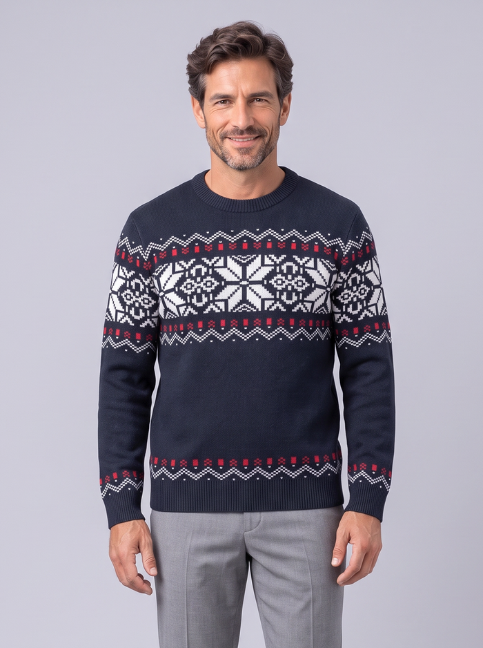 Men's Nordic Crewneck Sweater – Navy Snowflake Fair Isle Jumper – Covert Club product image 1