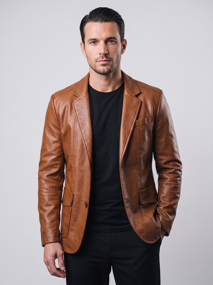 Men's Leather-Look Blazer in Cognac Brown – front view