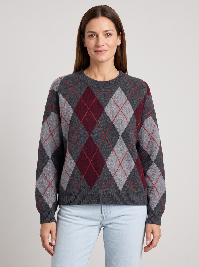 Women's Argyle Sweater – Relaxed Crew Neck Knit