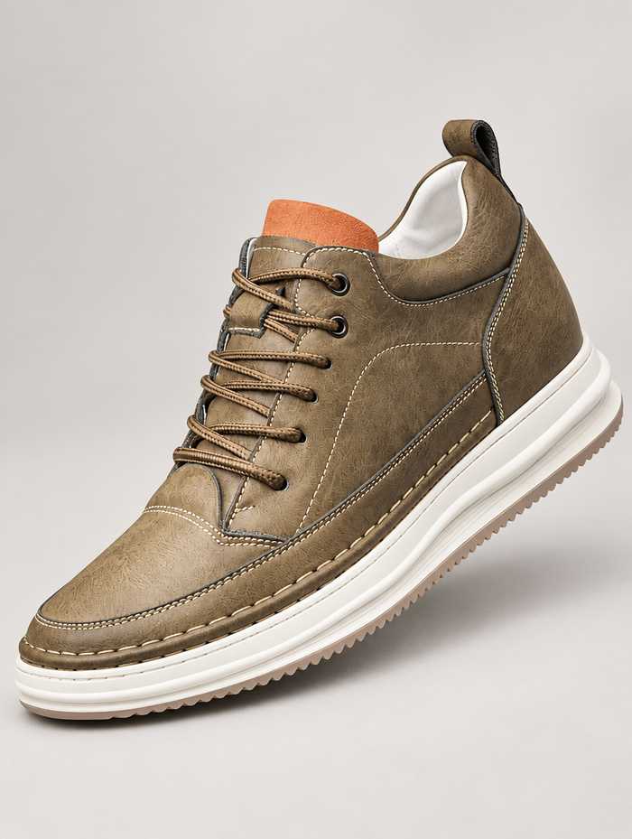 Men's Cushioned Faux Leather Trainers in Khaki