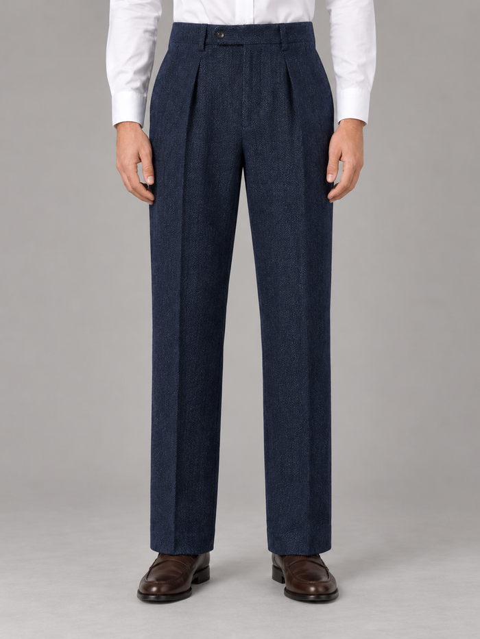 Men's Pleated Herringbone Trousers – Smart High Rise Straight Leg
