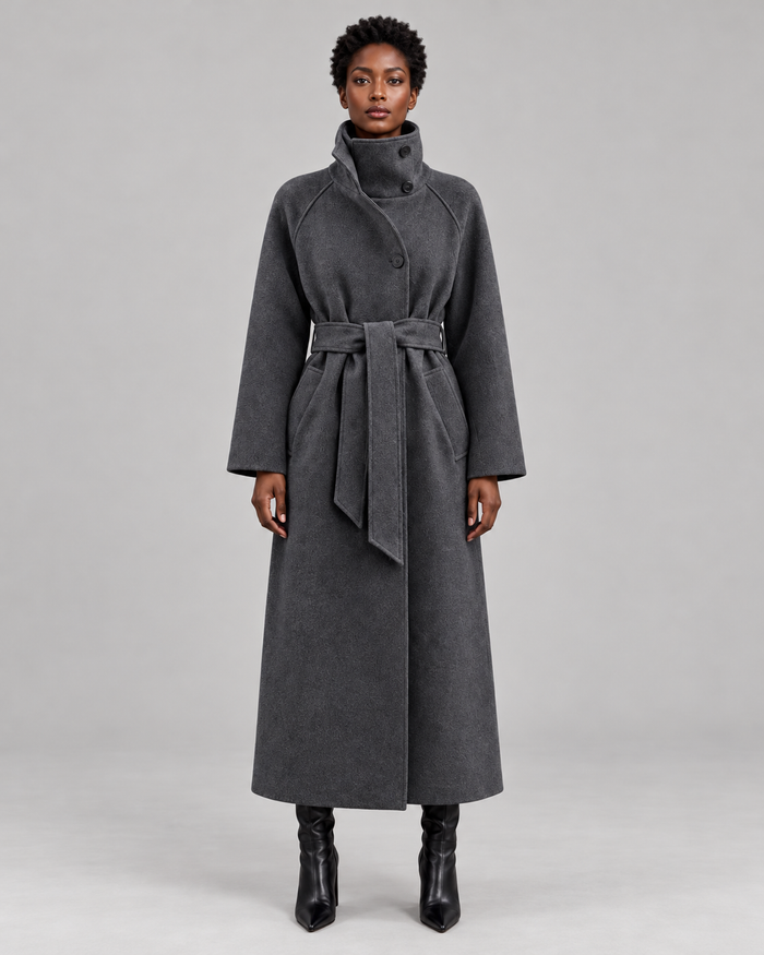 Women's Belted Longline Coat – High Collar Wool Look