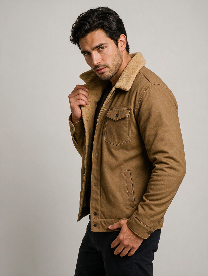 Men's Shearling Style Collar Jacket – Lined Winter Coat