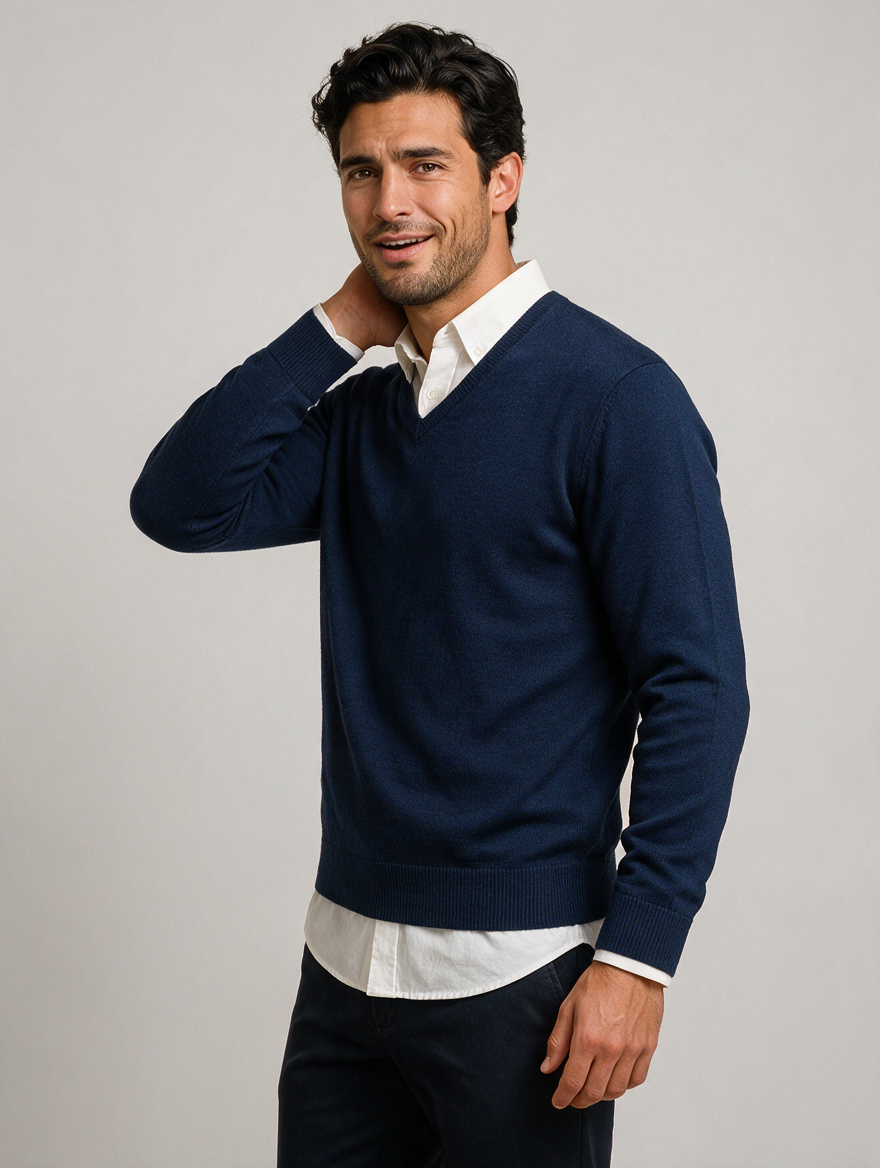 Men's V Neck Wool Blend Jumper – Slim Fit Knit