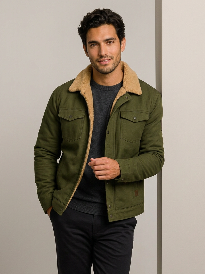 Men's Shearling Style Collar Jacket – Lined Winter Coat