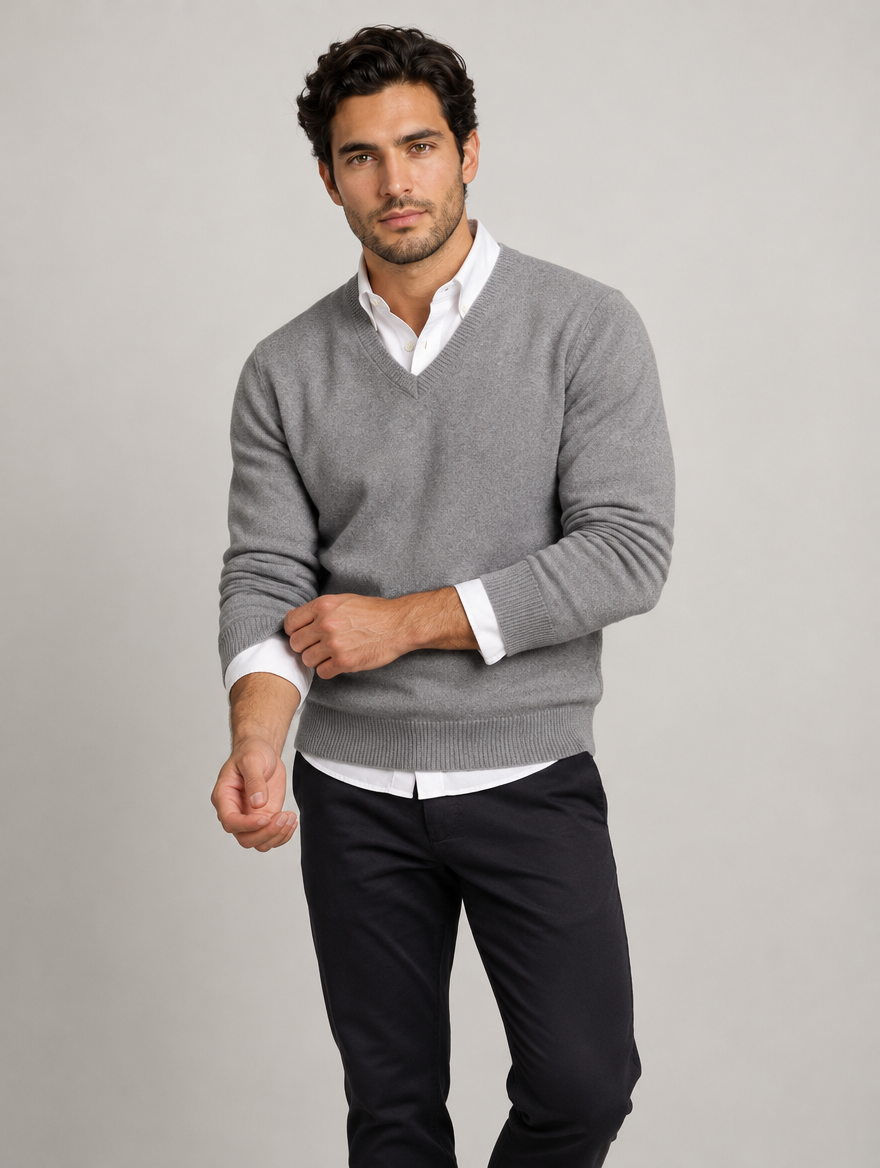 Men's V Neck Wool Blend Jumper – Slim Fit Knit