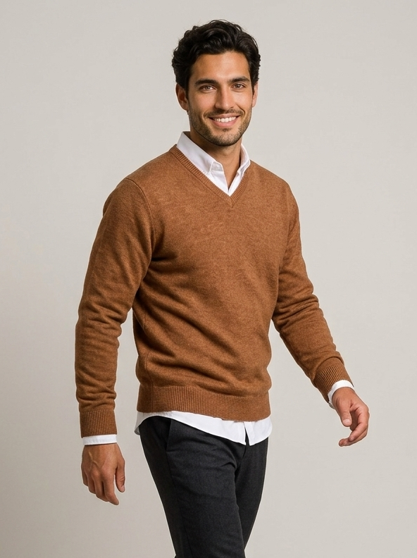 Men's V Neck Wool Blend Jumper – Slim Fit Knit