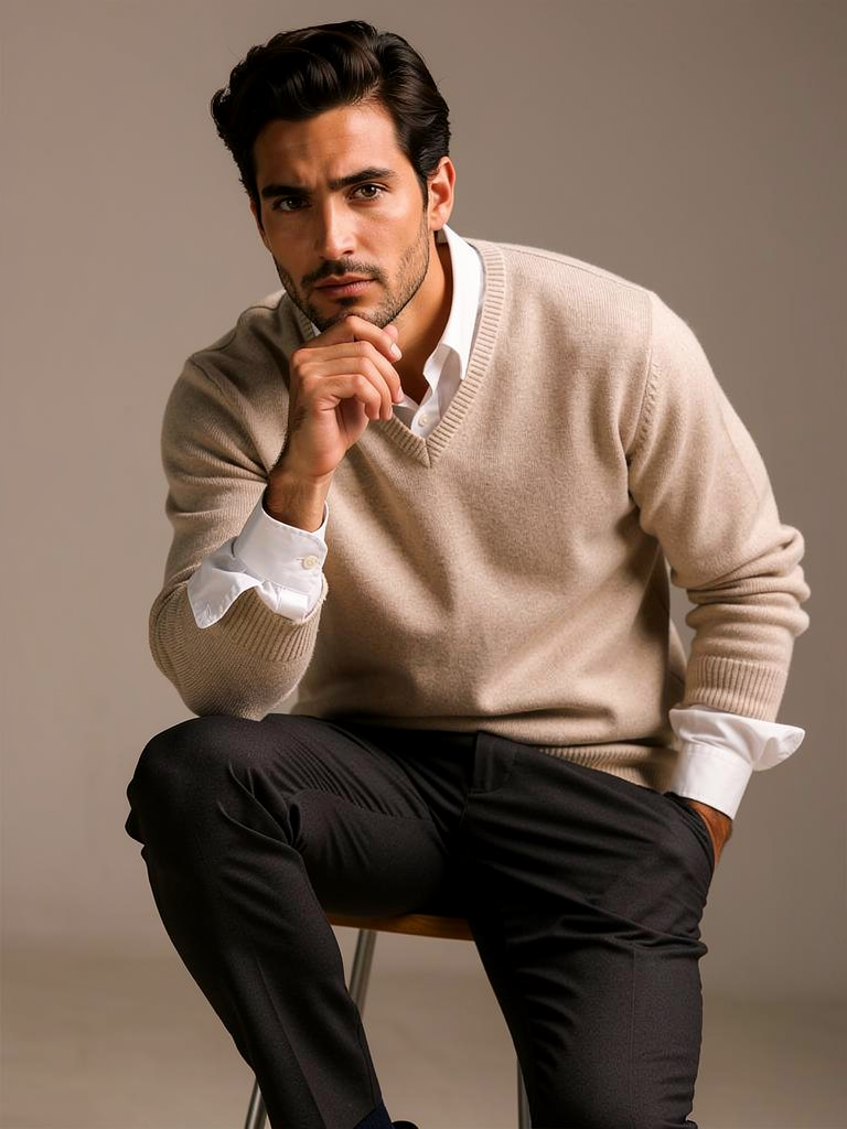 Men's V Neck Wool Blend Jumper – Slim Fit Knit