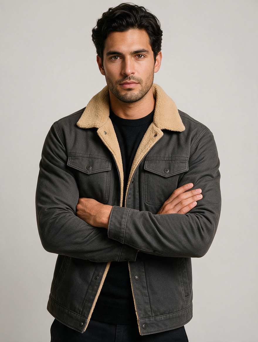Men's Shearling Style Collar Jacket – Lined Winter Coat