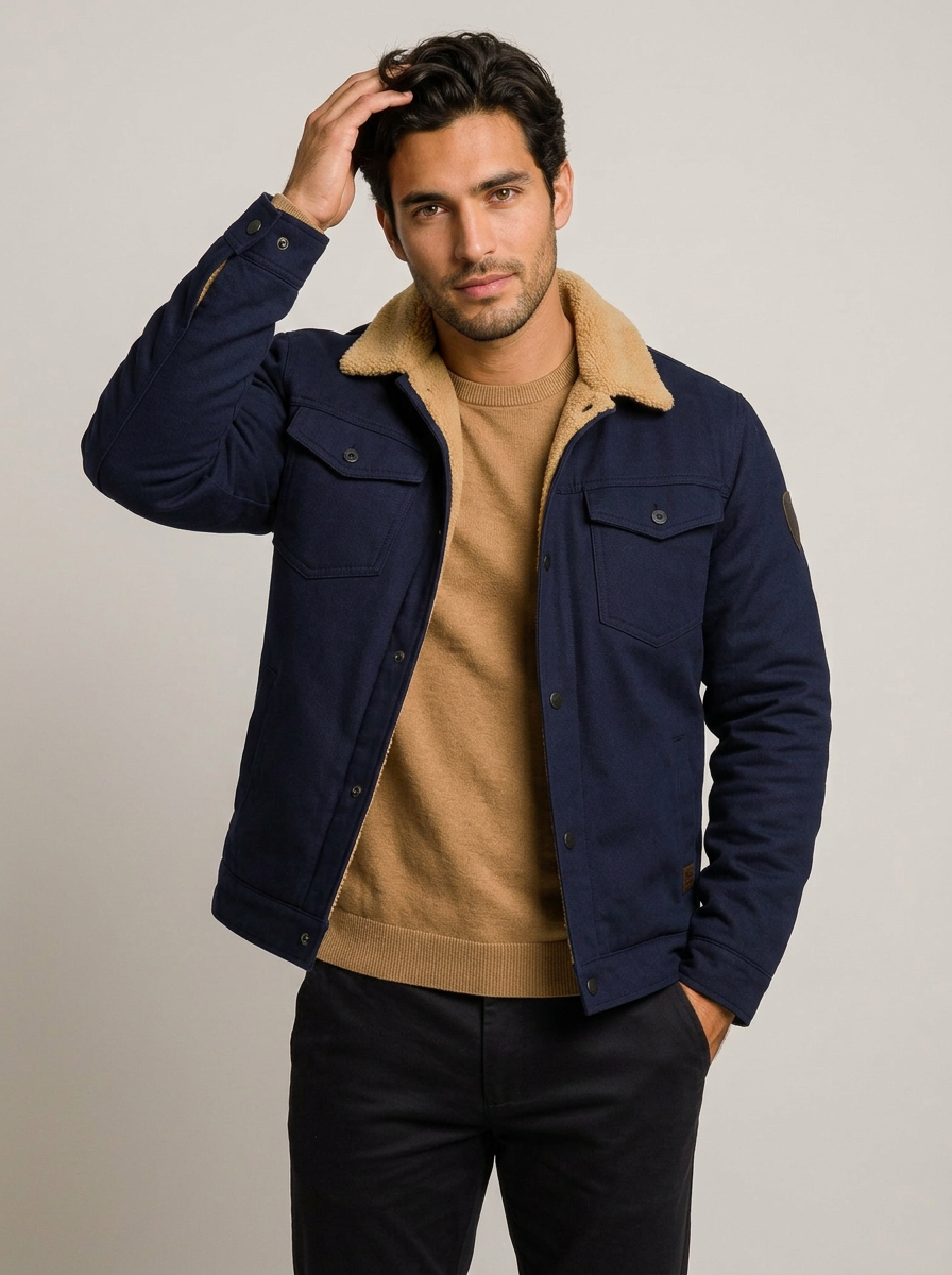 Men's Shearling Style Collar Jacket – Lined Winter Coat