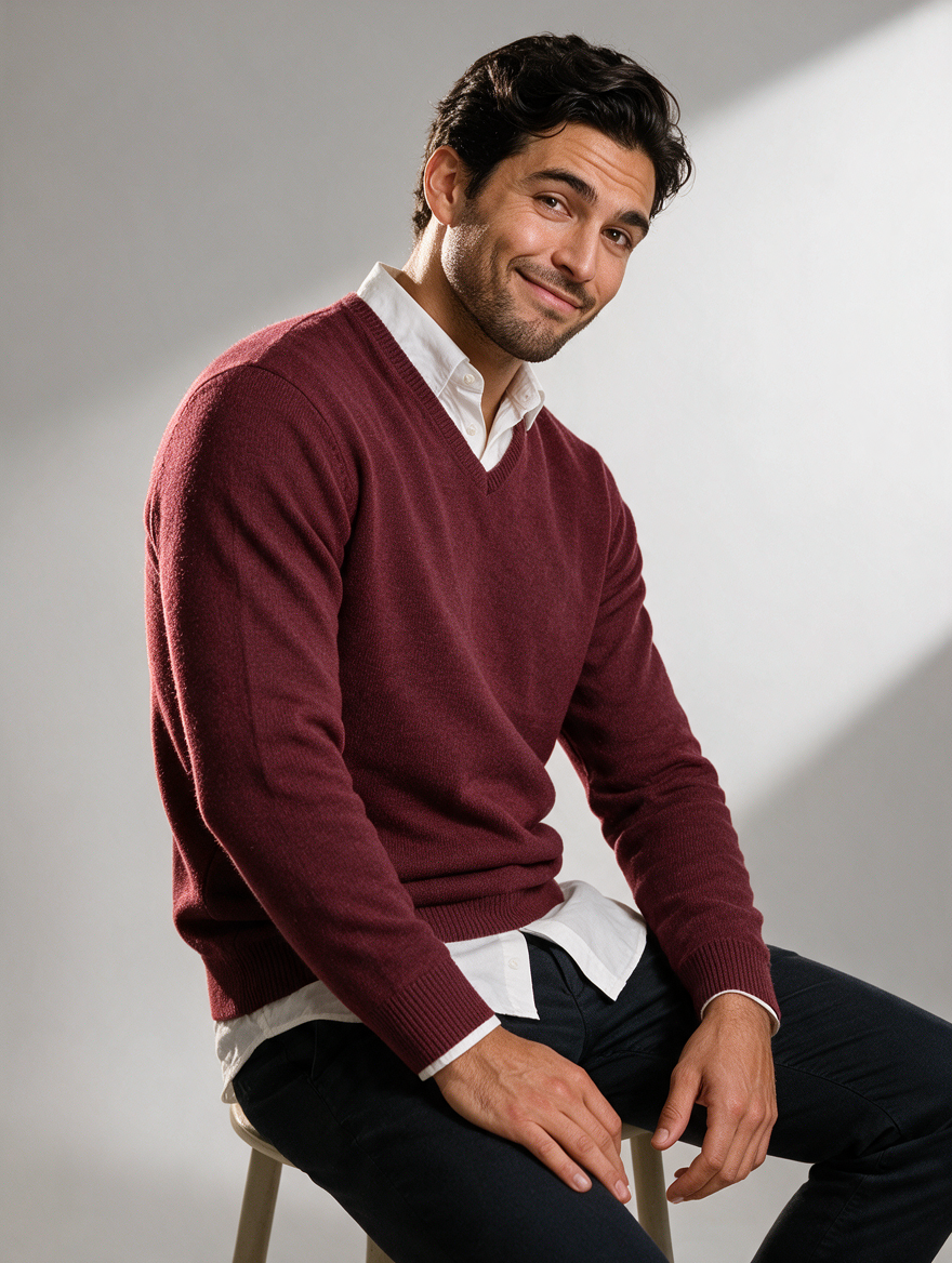 Men's V Neck Wool Blend Jumper – Slim Fit Knit