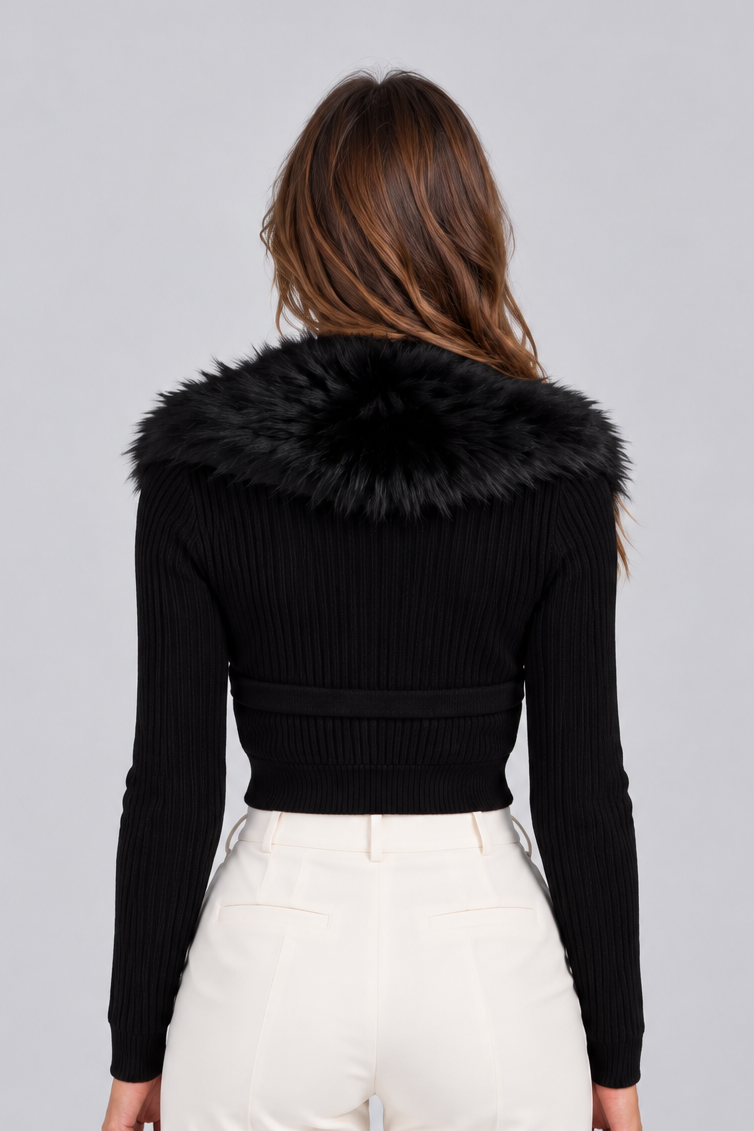 Women's Faux Fur Collar Cardigan – Cropped Ribbed Knit