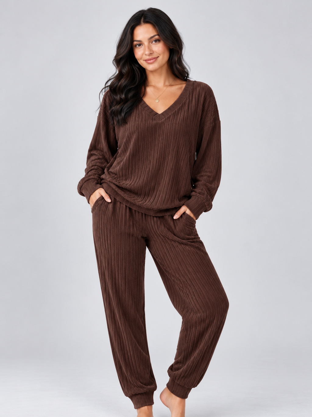 Women's Knitted Lounge Co Ord – V Neck Top and Trousers