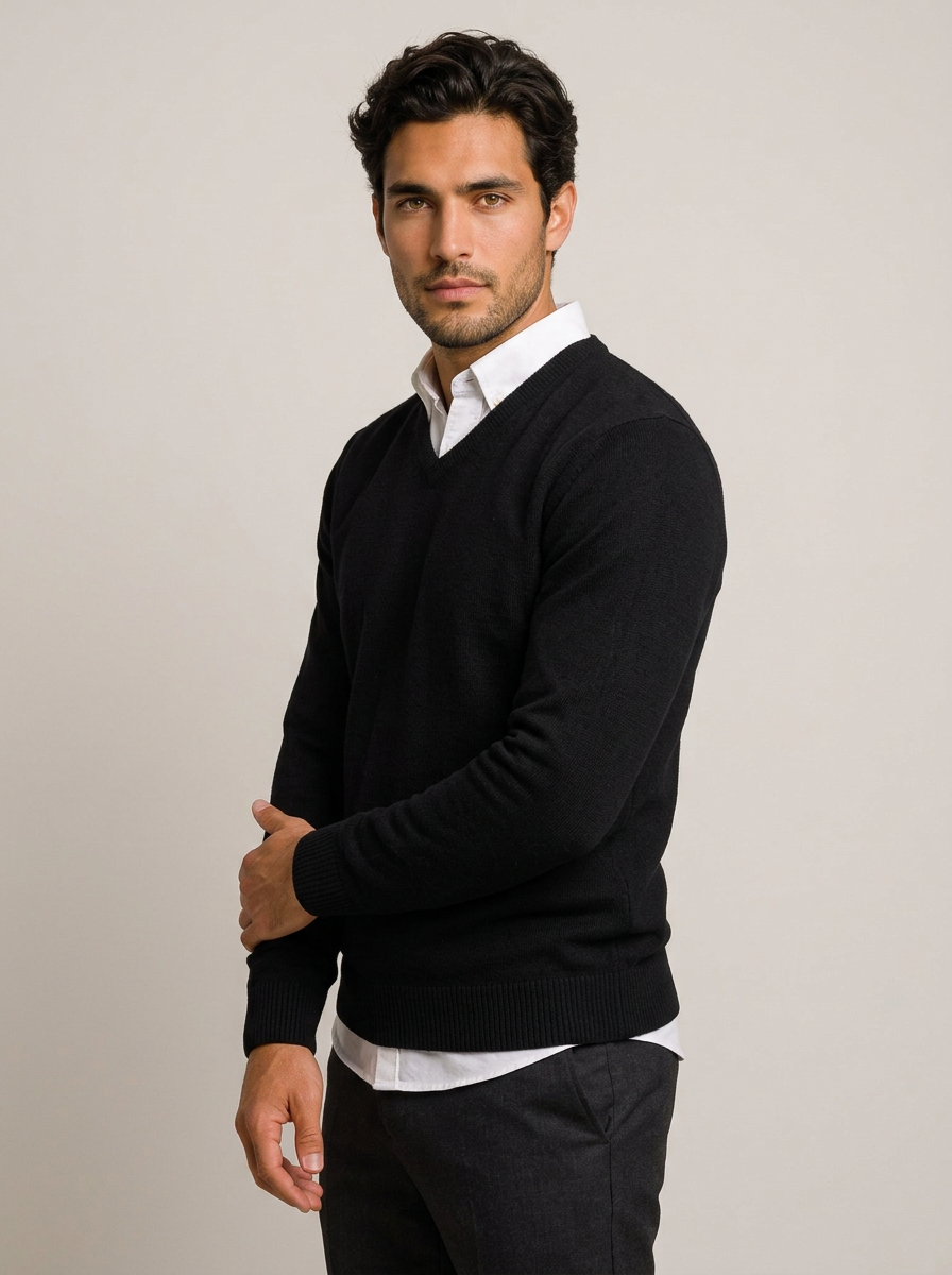 Men's V Neck Wool Blend Jumper – Slim Fit Knit