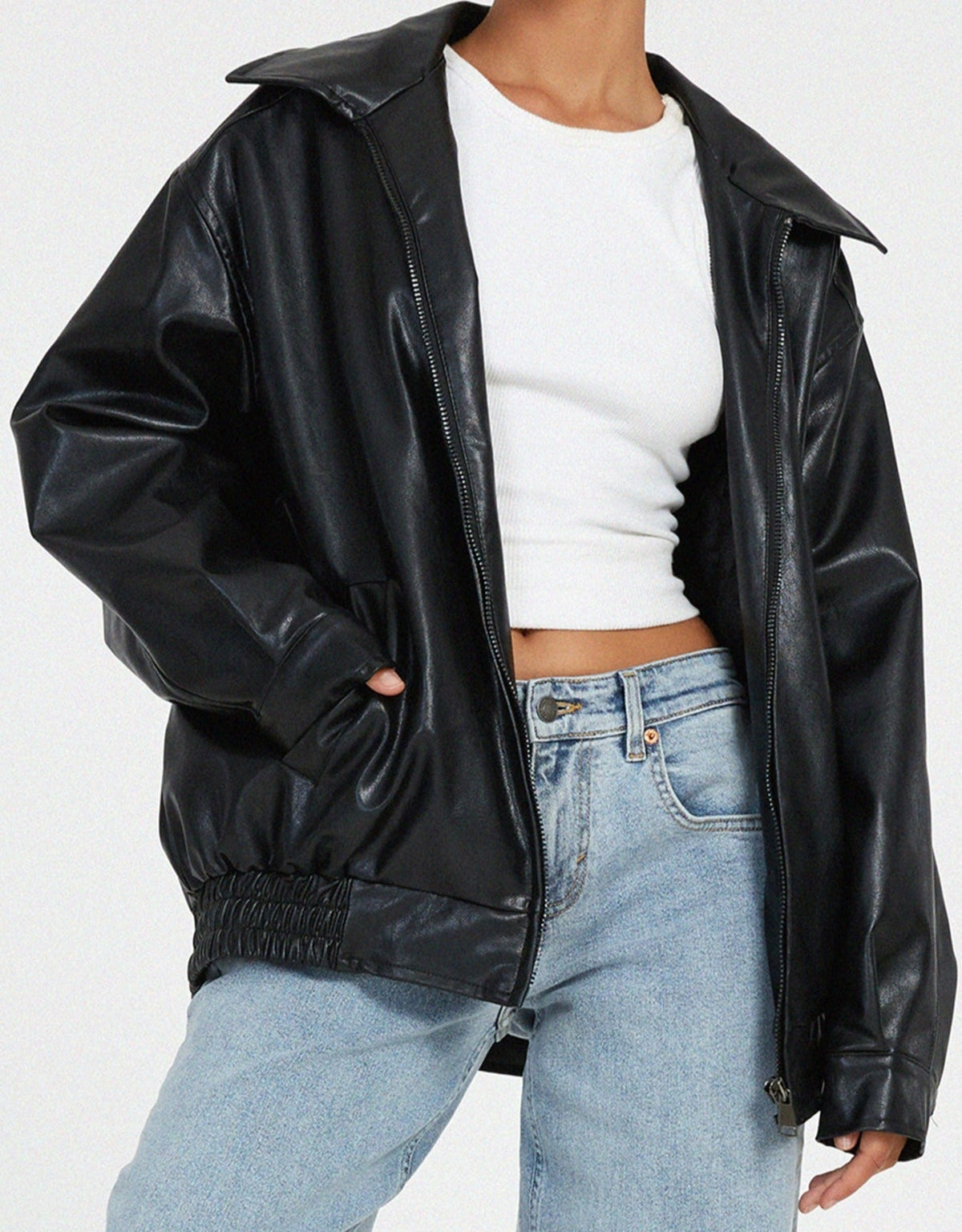 Women's Oversized Faux Leather Bomber Jacket in Black – image 3