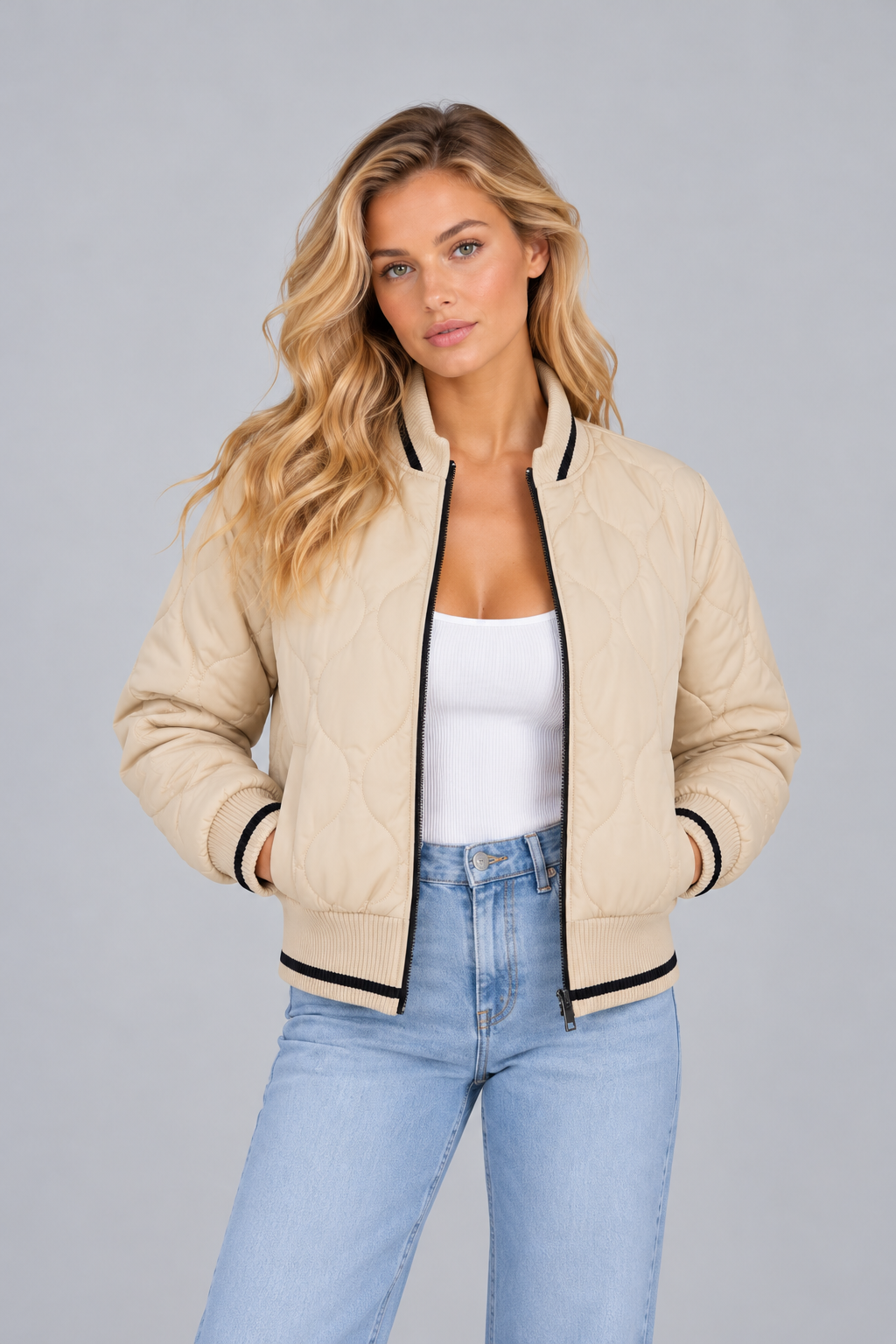 Women's Quilted Bomber Jacket – Ribbed Collar Zip Up