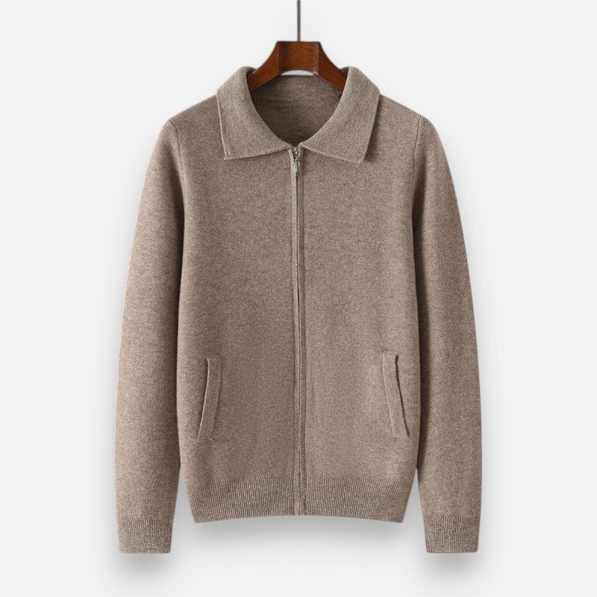 Men's Polo Collar Zip Through Cardigan in Beige