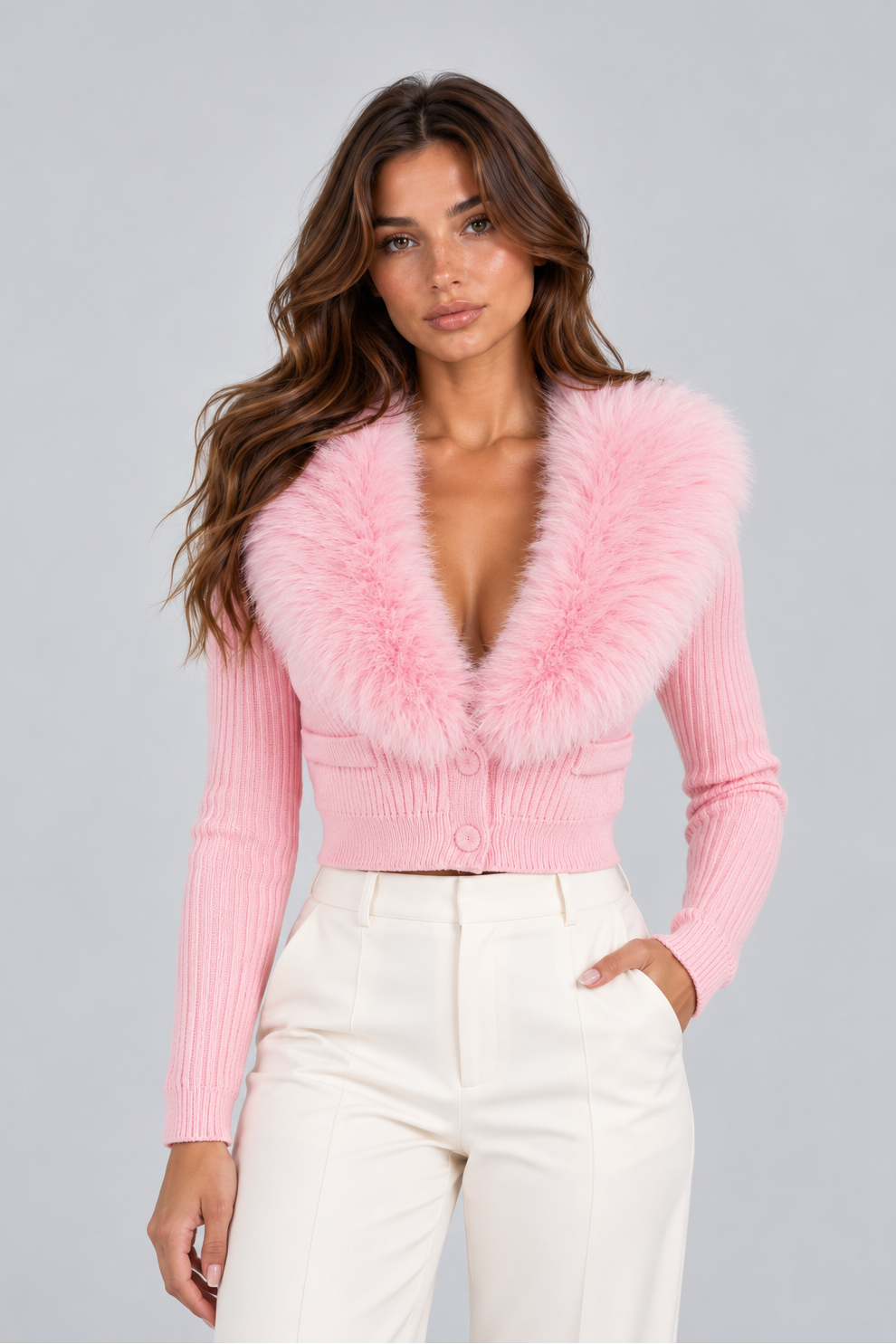 Women's Faux Fur Collar Cardigan – Cropped Ribbed Knit