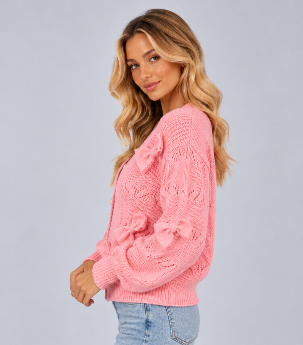 Women's Bow Detail Cropped Cardigan – Textured V Neck