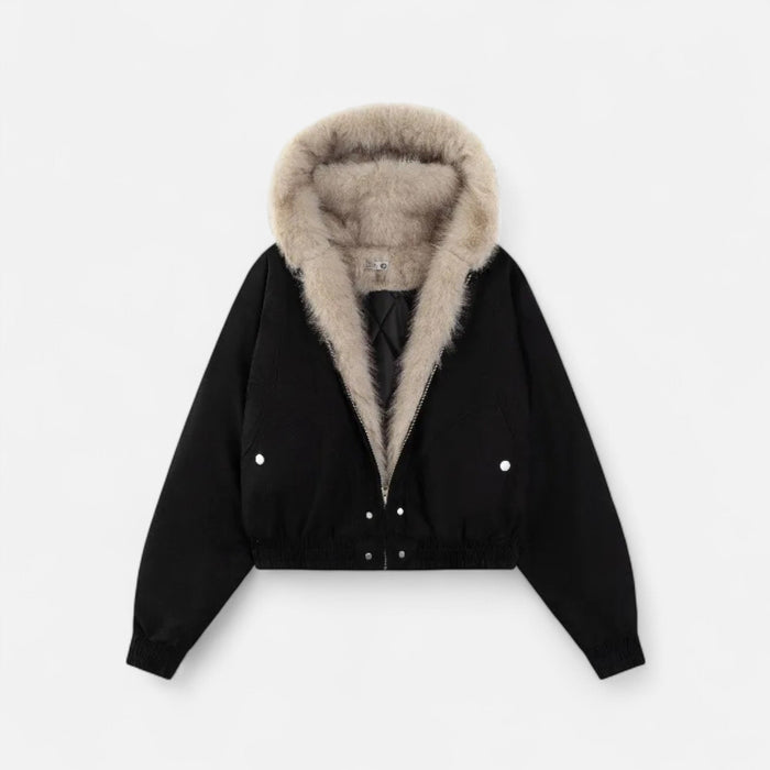Women's Hooded Faux Fur Collar Winter Coat in Black