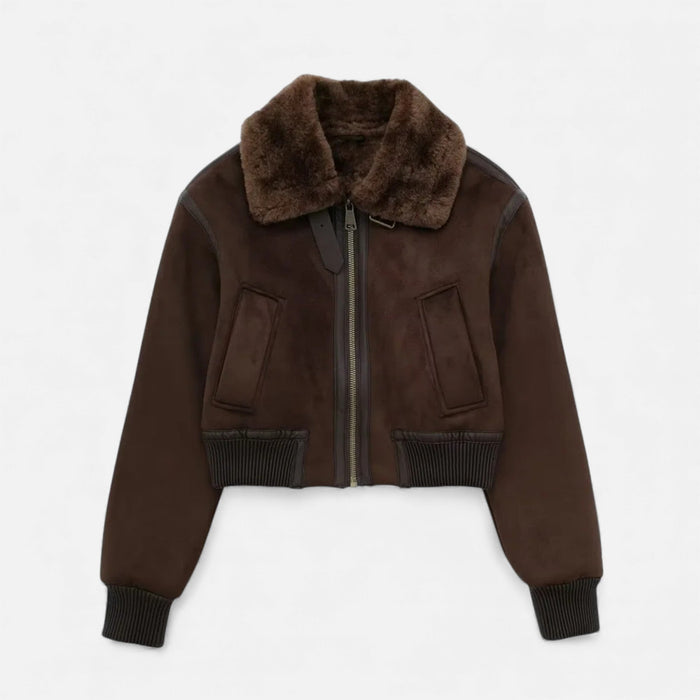 Women's Brown Bomber Jacket with Faux Fur Collar