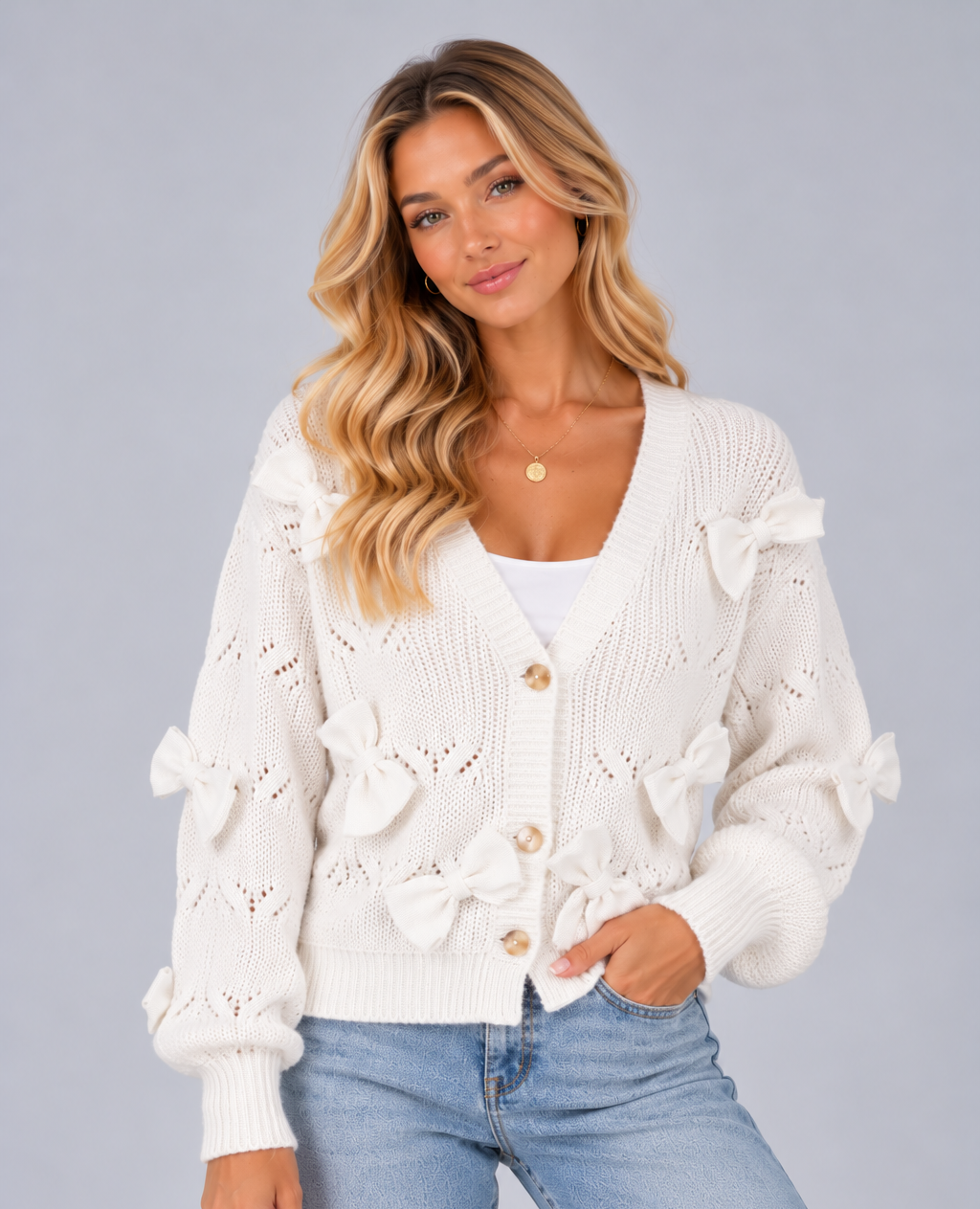 Women's Bow Detail Cropped Cardigan – Textured V Neck