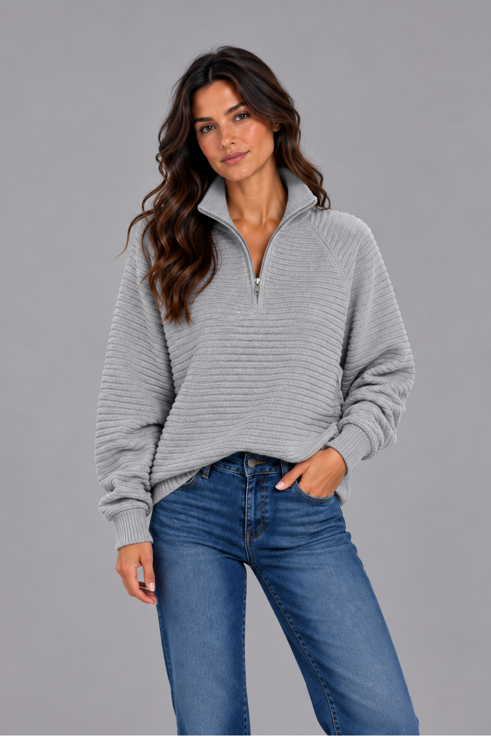 Women's Ribbed Half Zip Jumper – Relaxed Long Sleeve