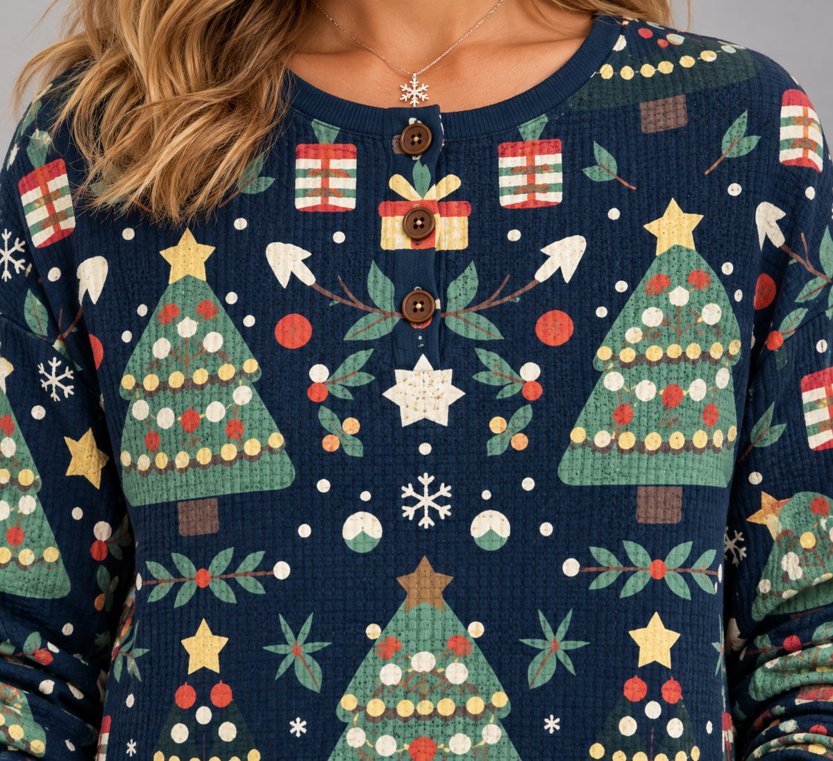 Women's long-sleeve Nordic Christmas jumper in navy blue, round button neckline