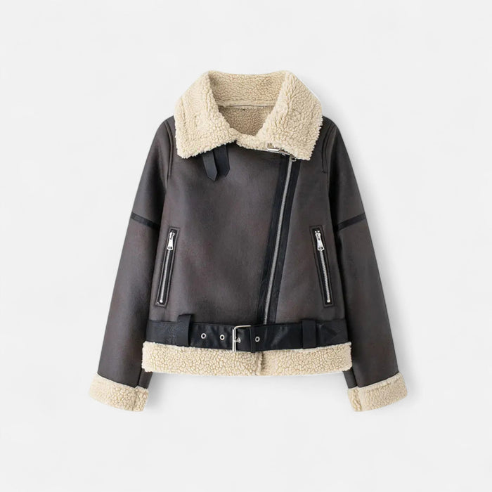 Women's Belted Faux Suede Aviator Jacket in Brown