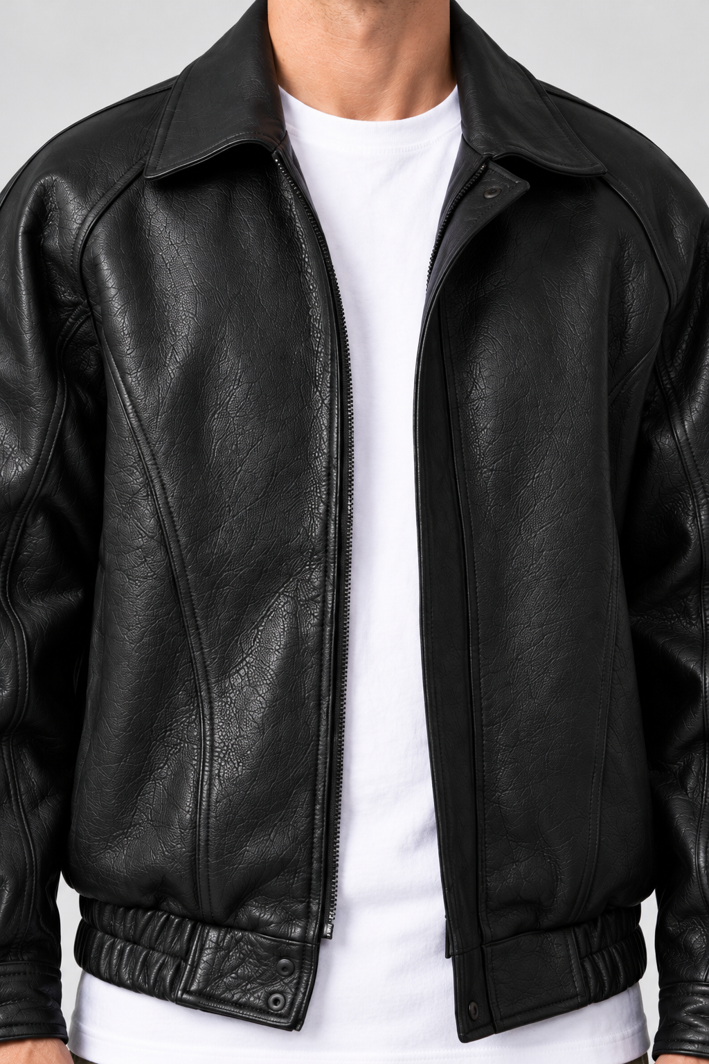 Men's Leather-Look Flight Jacket – Black Collared Bomber