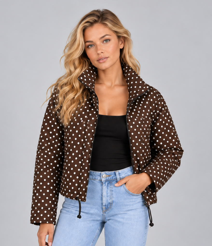 Women's Polka Dot Cropped Jacket – Zip Up High Neck