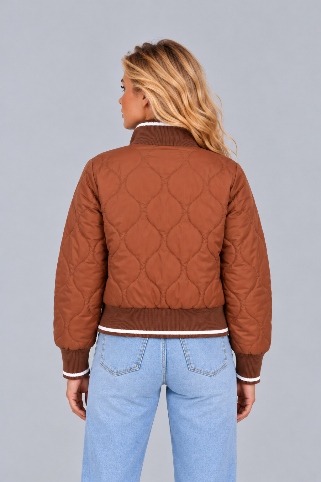 Women's Quilted Bomber Jacket – Ribbed Collar Zip Up
