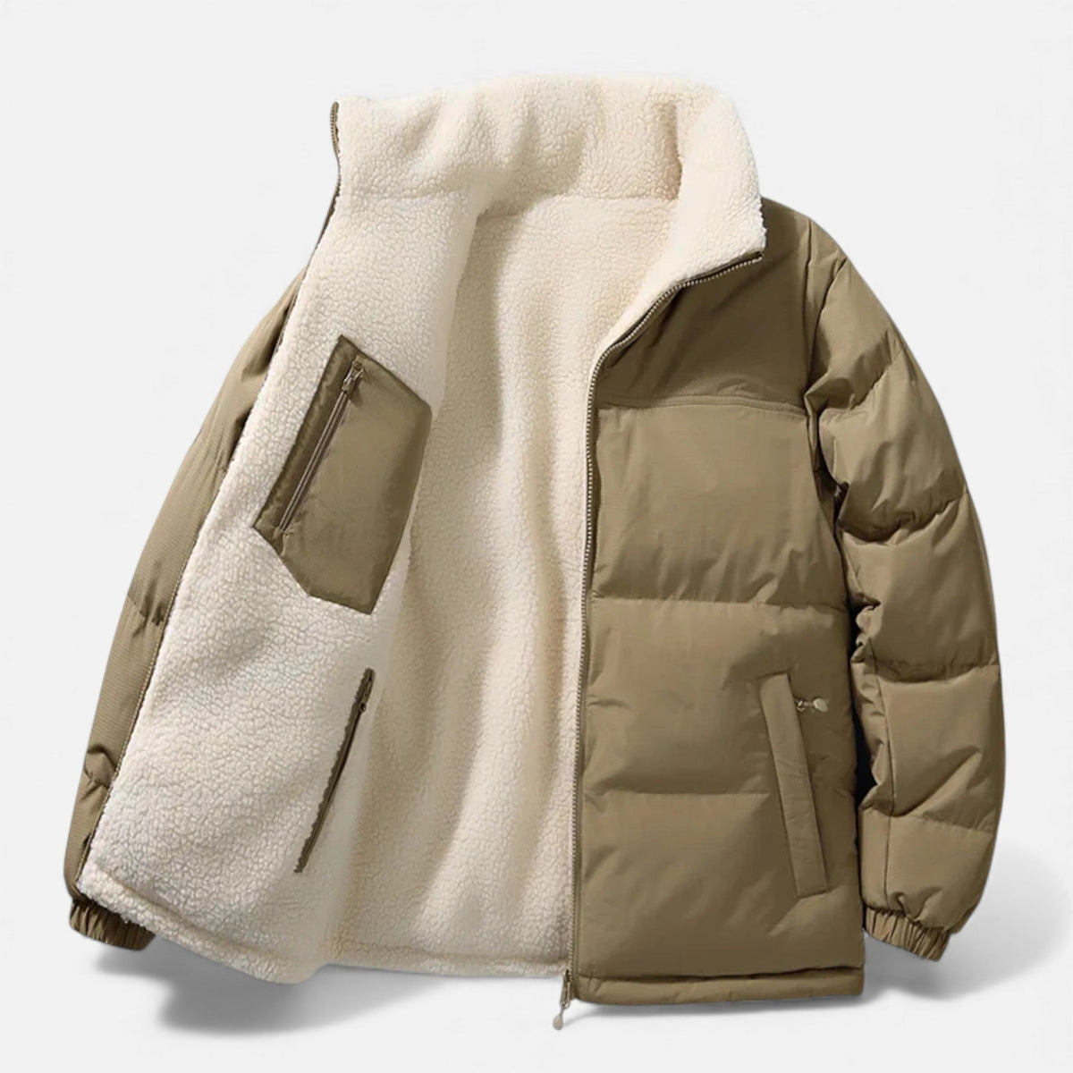 Men's Plush Lined Thick Puffer Jacket in Khaki