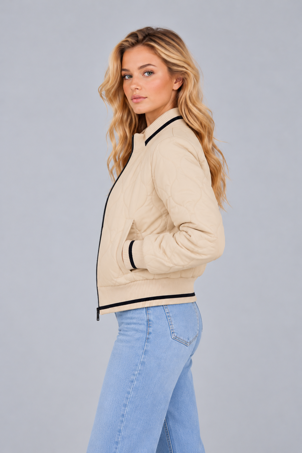 Women's Quilted Bomber Jacket – Ribbed Collar Zip Up